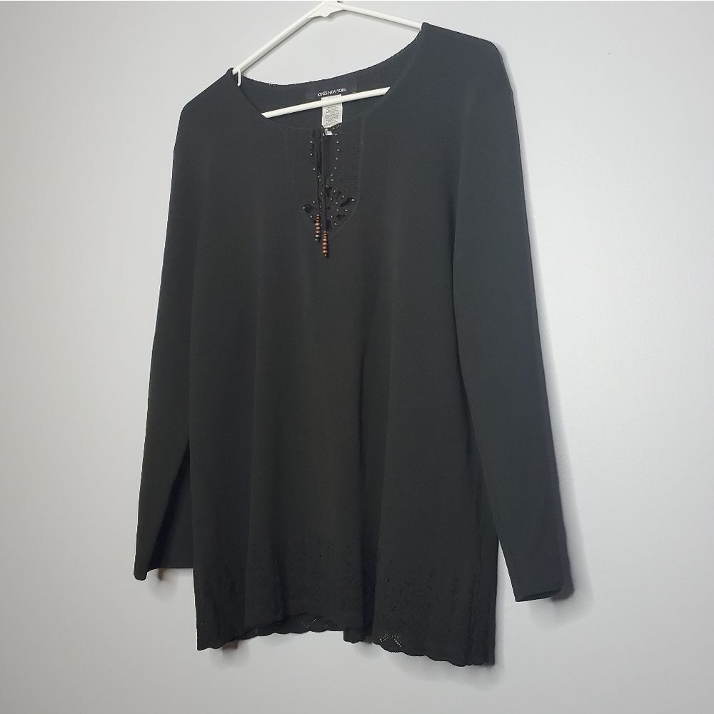 Jones New York XL Black Sweater Crochet Beaded Chest